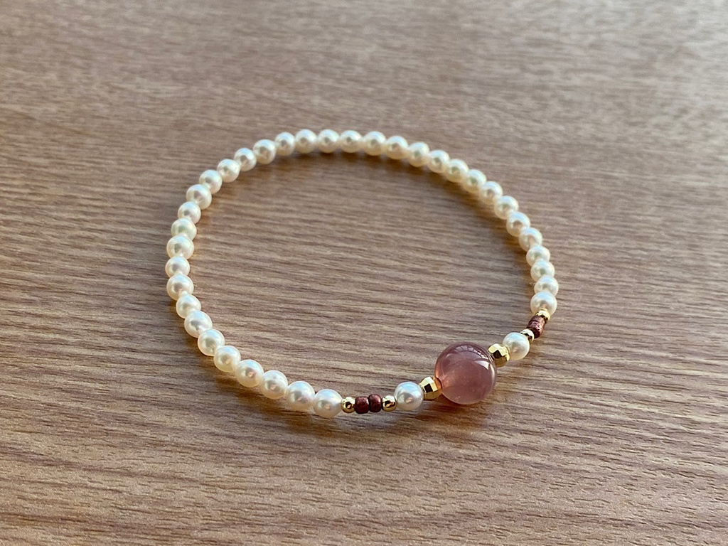 パープルローズクォーツ & パール ブレスレット
