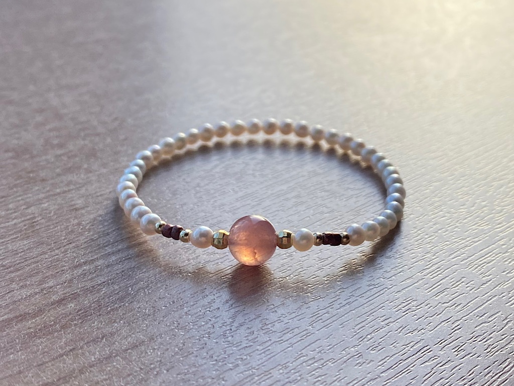 パープルローズクォーツ & パール ブレスレット