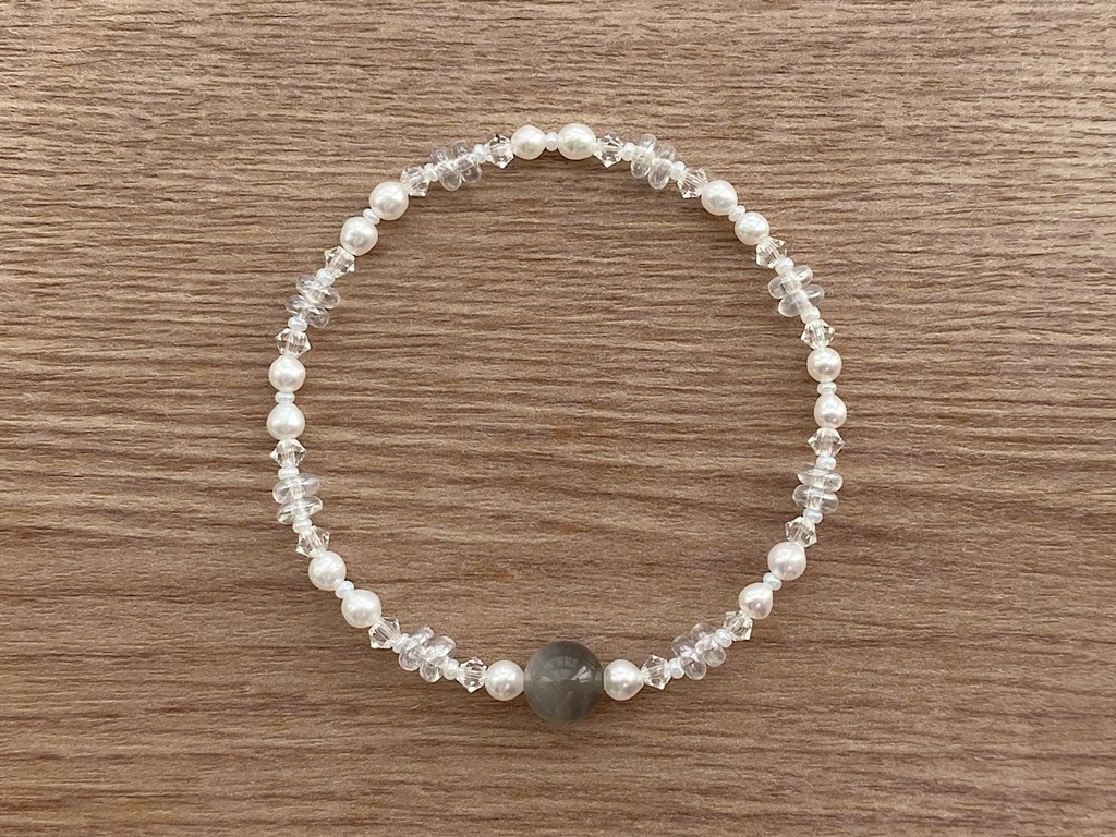 ブラックムーンストーン & パール クリスタル ブレスレット