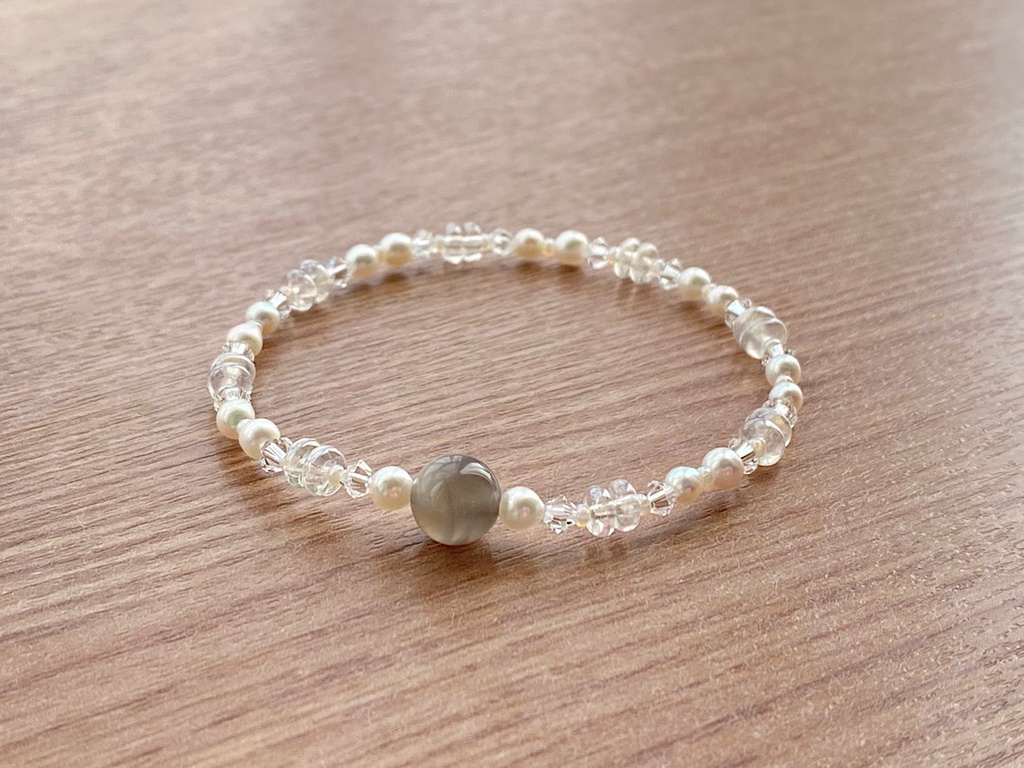 ブラックムーンストーン & パール クリスタル ブレスレット