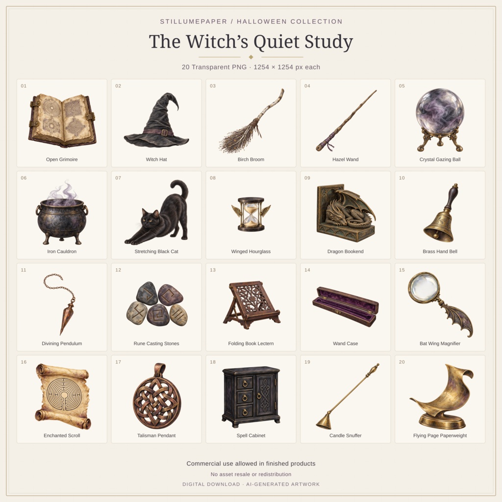 The Witch’s Quiet Study | 20 Halloween Watercolor PNG Stickers