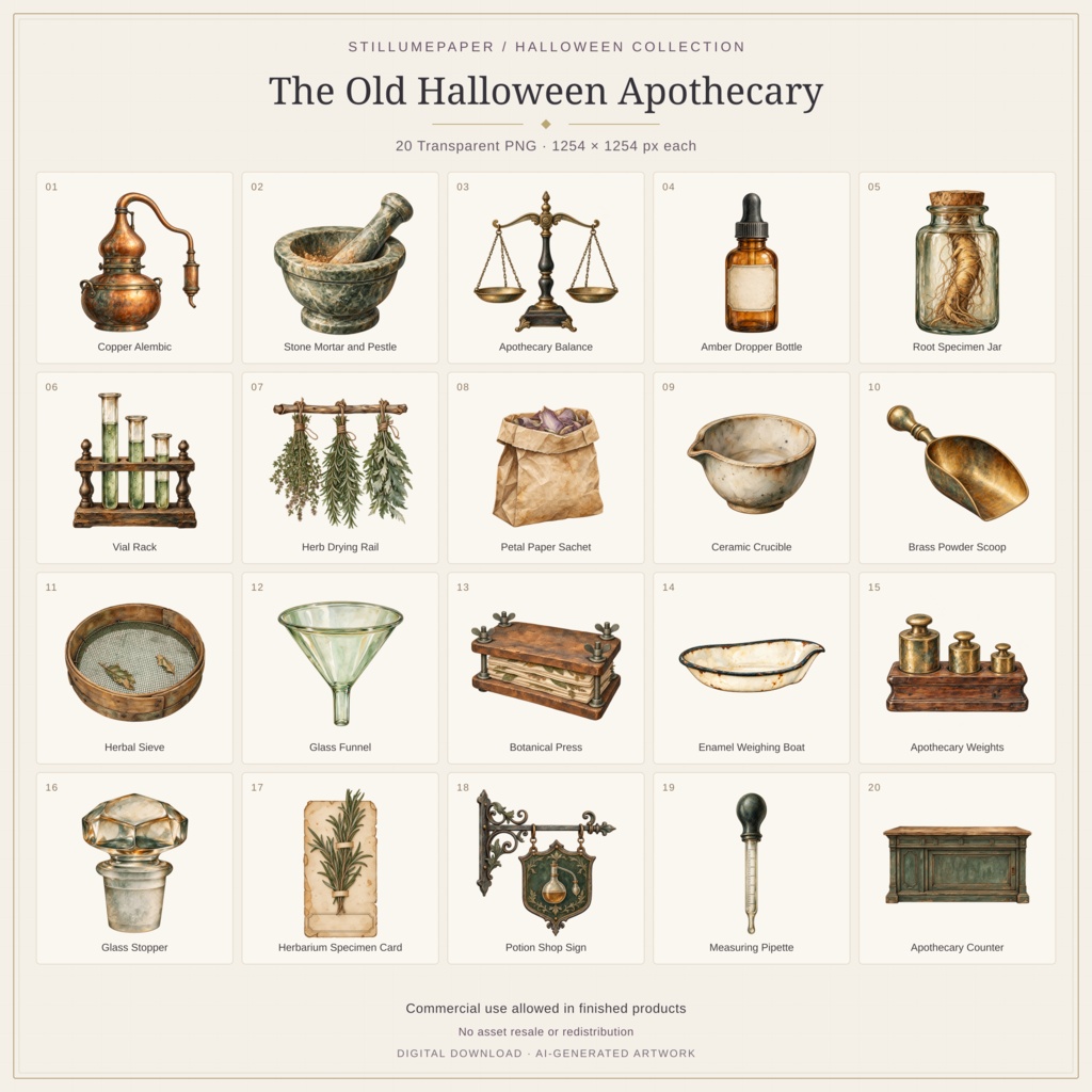 The Old Halloween Apothecary | 20 Watercolor PNG Stickers