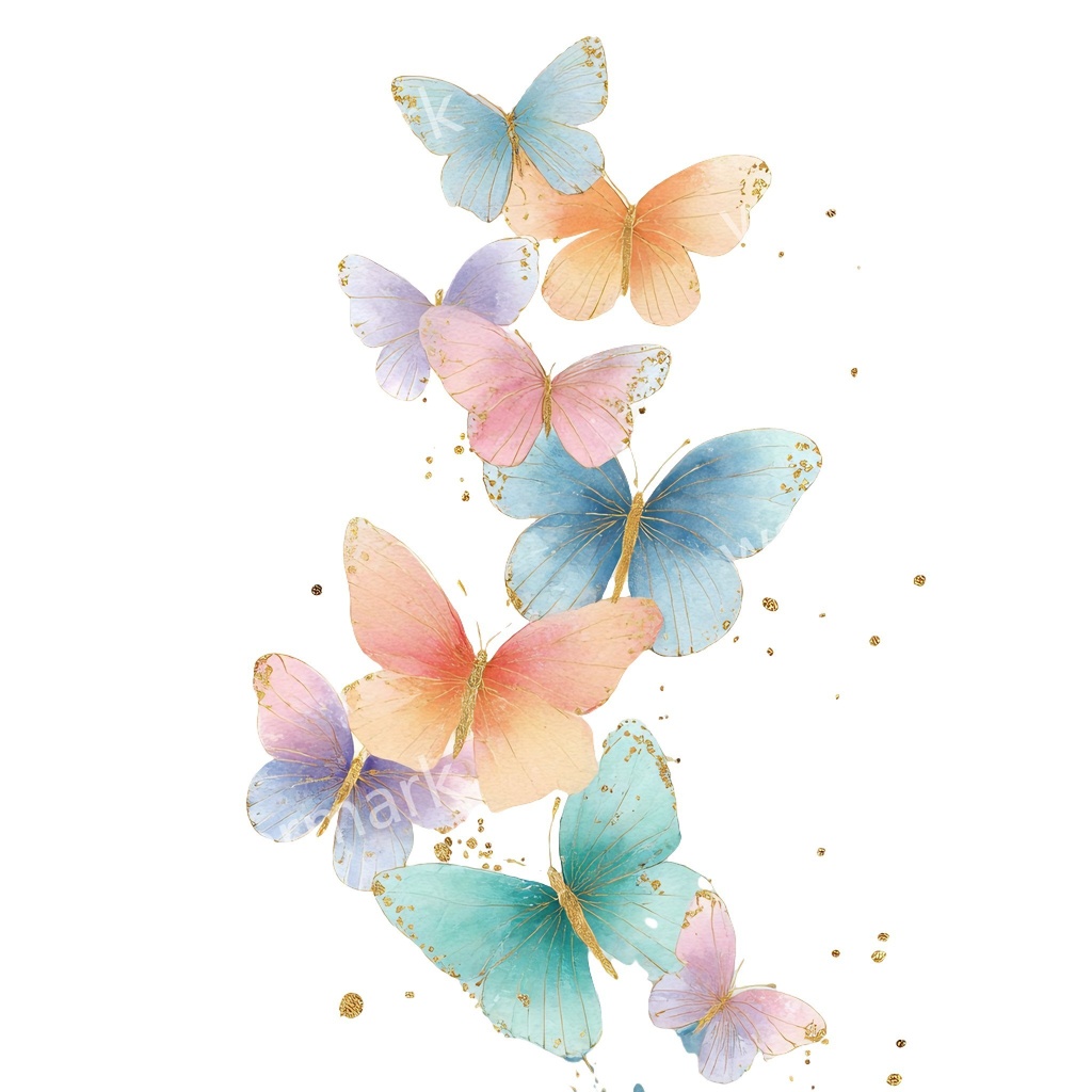 カラフルな蝶々クリップアート 20点セット｜ゴールド蝶・水彩風｜高画質PNG・デジタル素材