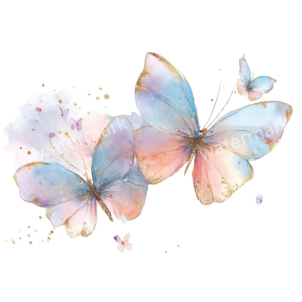 カラフルな蝶々クリップアート 20点セット|ゴールド蝶・水彩風|高画質PNG・デジタル素材