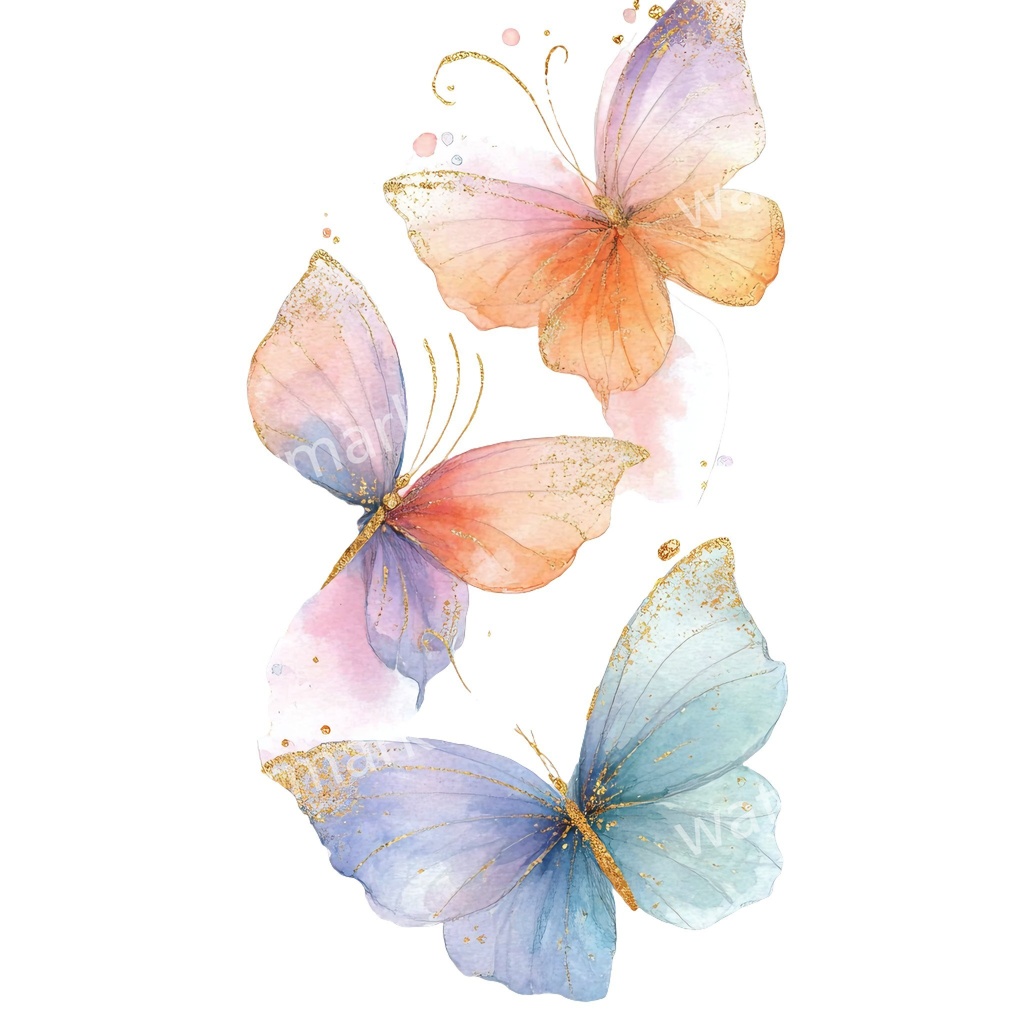 カラフルな蝶々クリップアート 20点セット|ゴールド蝶・水彩風|高画質PNG・デジタル素材