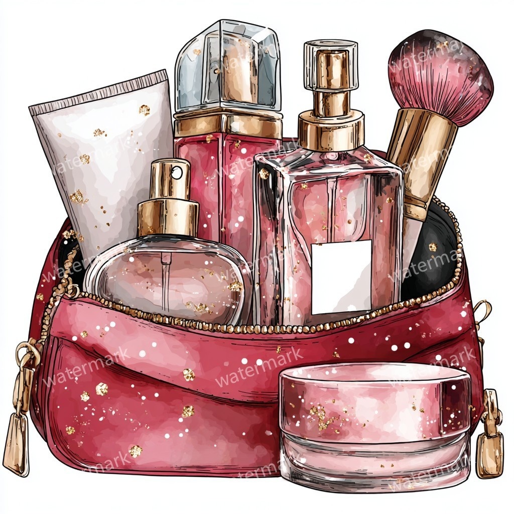 グリッターコスメポーチ 12点セット|高画質PNG|水彩風クリップアート|デジタル素材