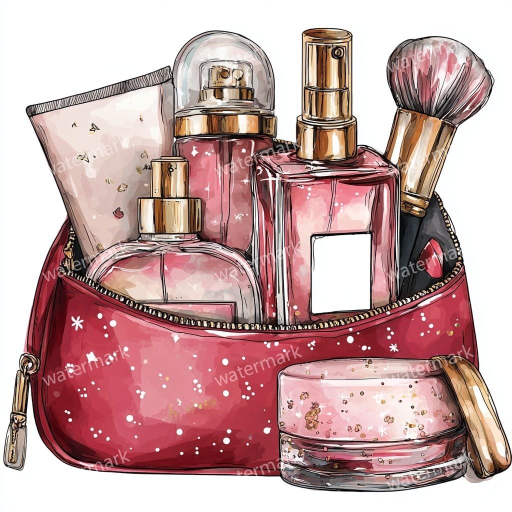 グリッターコスメポーチ 12点セット|高画質PNG|水彩風クリップアート|デジタル素材