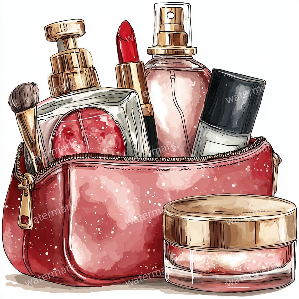 グリッターコスメポーチ 12点セット|高画質PNG|水彩風クリップアート|デジタル素材