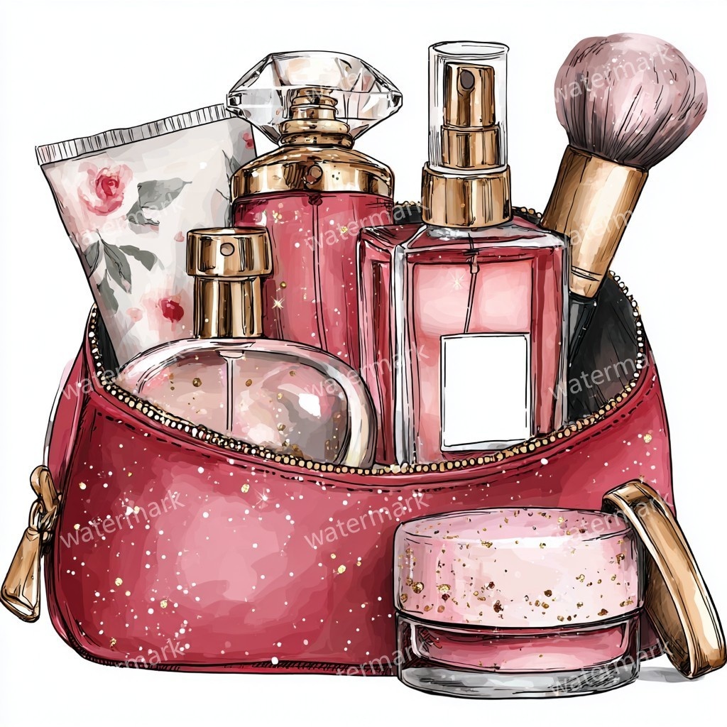 グリッターコスメポーチ 12点セット|高画質PNG|水彩風クリップアート|デジタル素材