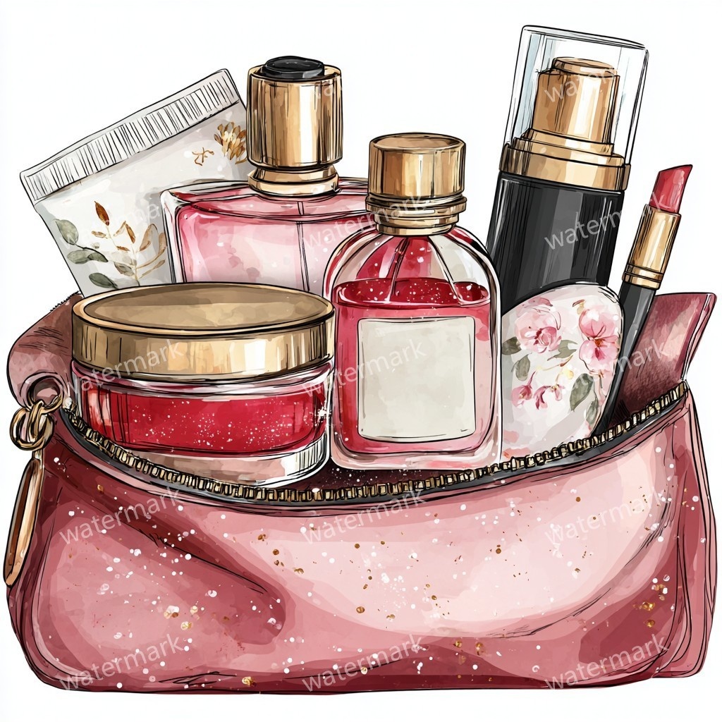 グリッターコスメポーチ 12点セット|高画質PNG|水彩風クリップアート|デジタル素材