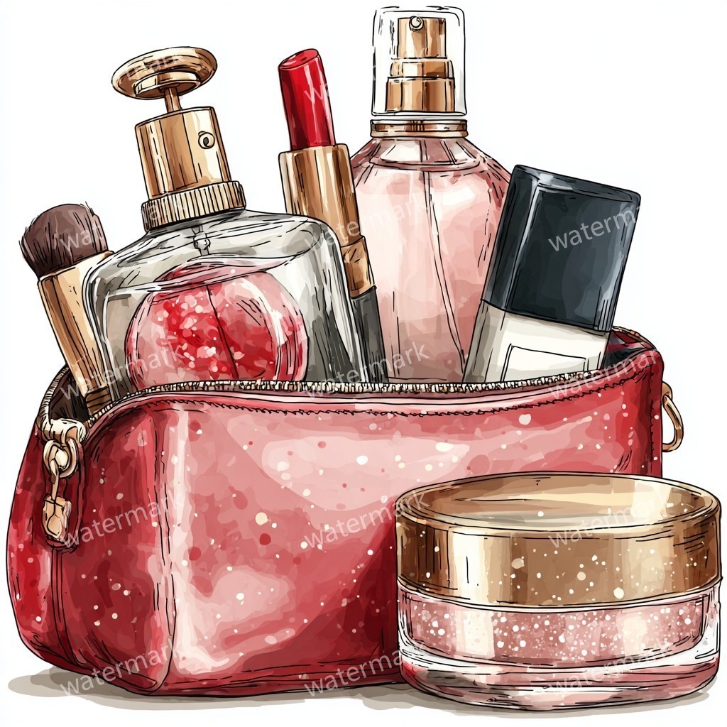 グリッターコスメポーチ 12点セット|高画質PNG|水彩風クリップアート|デジタル素材