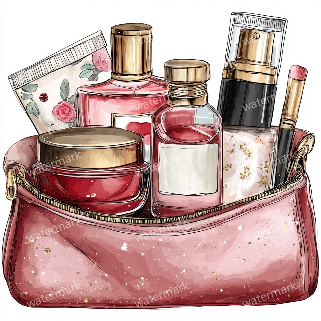 グリッターコスメポーチ 12点セット|高画質PNG|水彩風クリップアート|デジタル素材