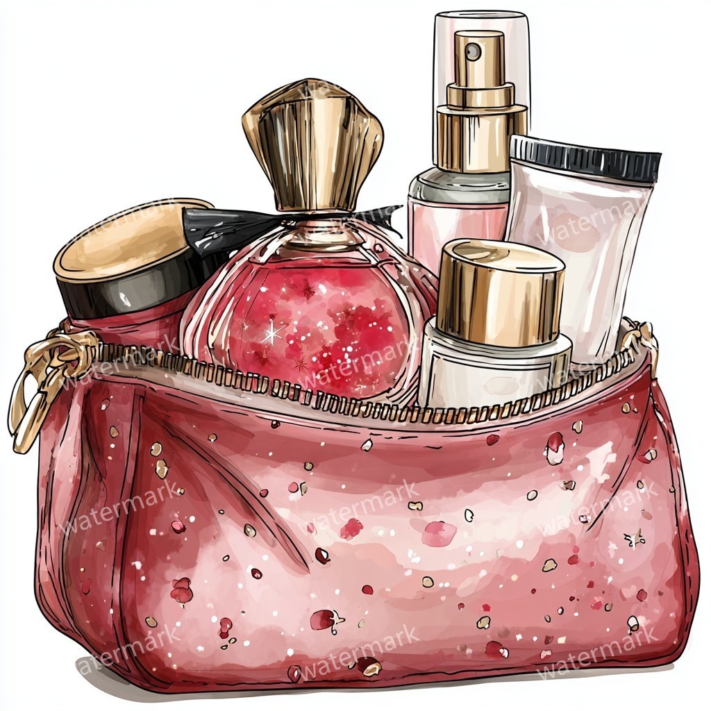 グリッターコスメポーチ 12点セット|高画質PNG|水彩風クリップアート|デジタル素材