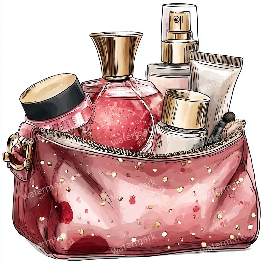 グリッターコスメポーチ 12点セット|高画質PNG|水彩風クリップアート|デジタル素材