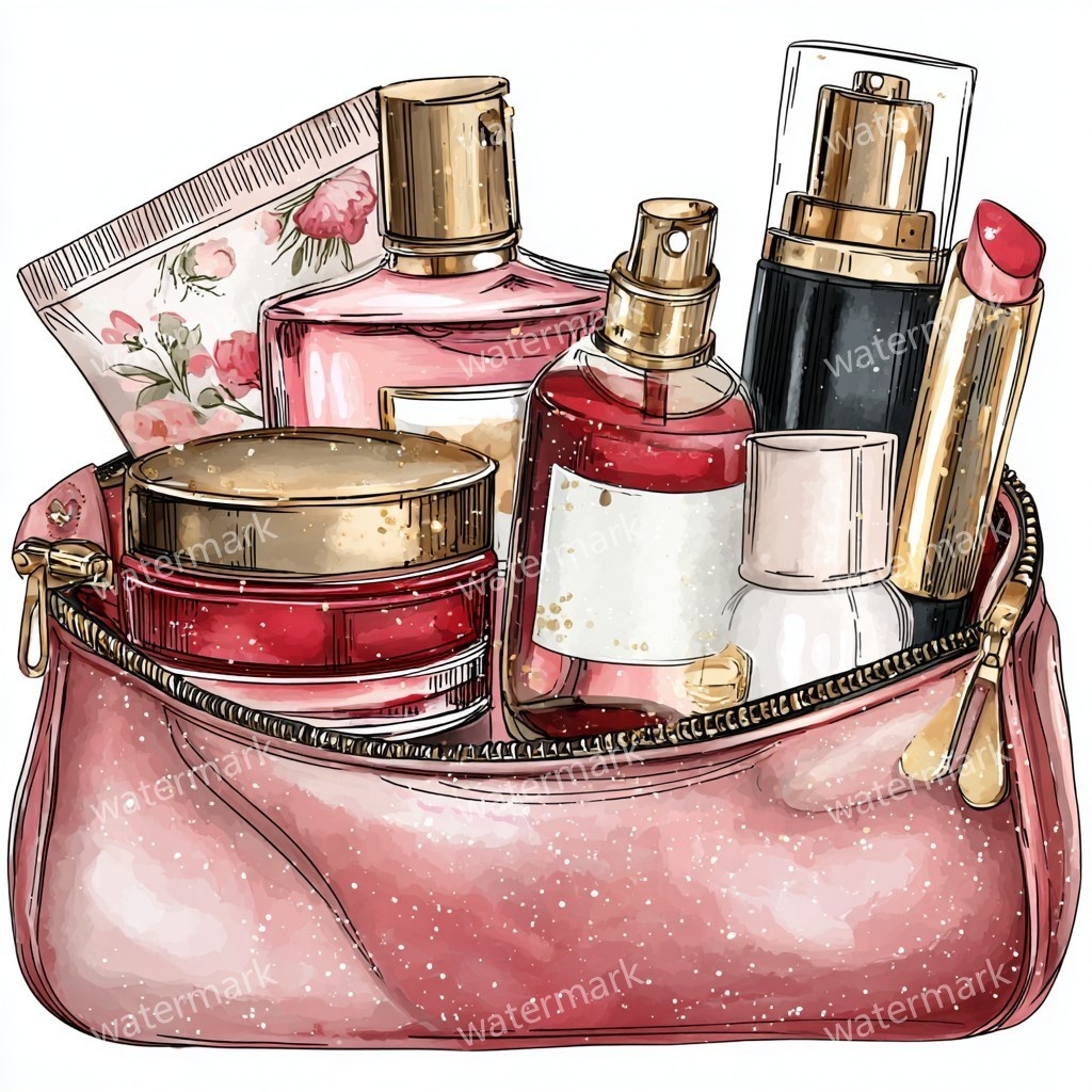 グリッターコスメポーチ 12点セット|高画質PNG|水彩風クリップアート|デジタル素材