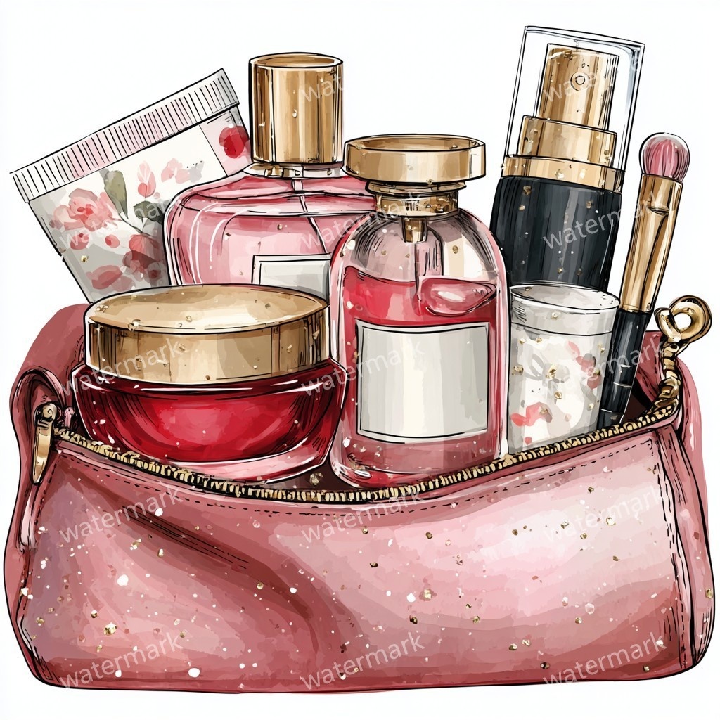 グリッターコスメポーチ 12点セット｜高画質PNG｜水彩風クリップアート｜デジタル素材