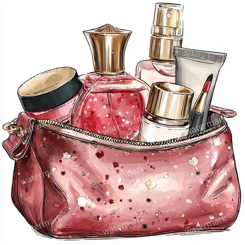 グリッターコスメポーチ 12点セット|高画質PNG|水彩風クリップアート|デジタル素材