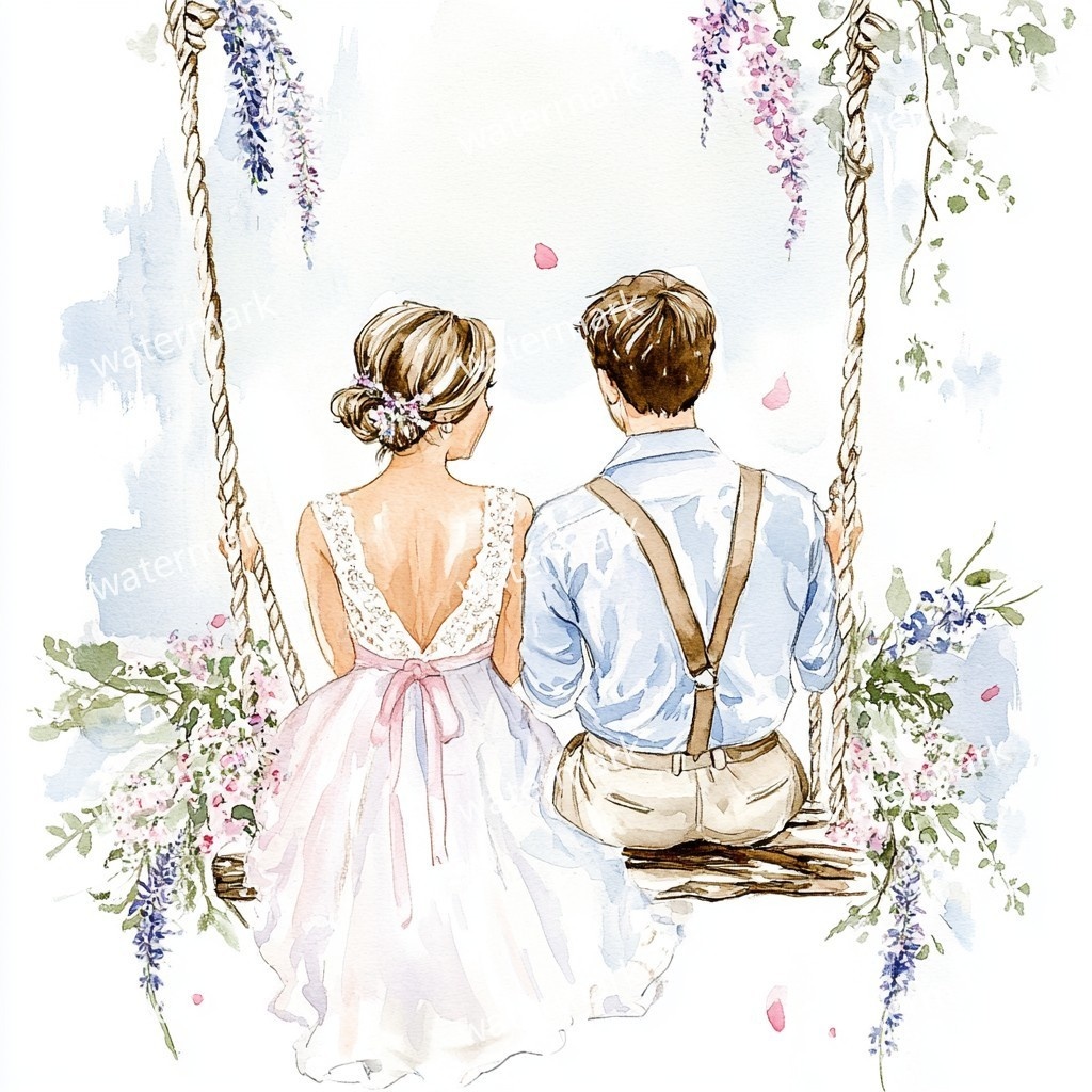 ブランコに乗る新郎新婦 イラスト素材 18点セット|水彩風|高画質JPG|デジタル素材