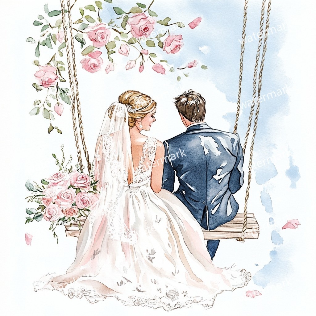 ブランコに乗る新郎新婦 イラスト素材 18点セット|水彩風|高画質JPG|デジタル素材