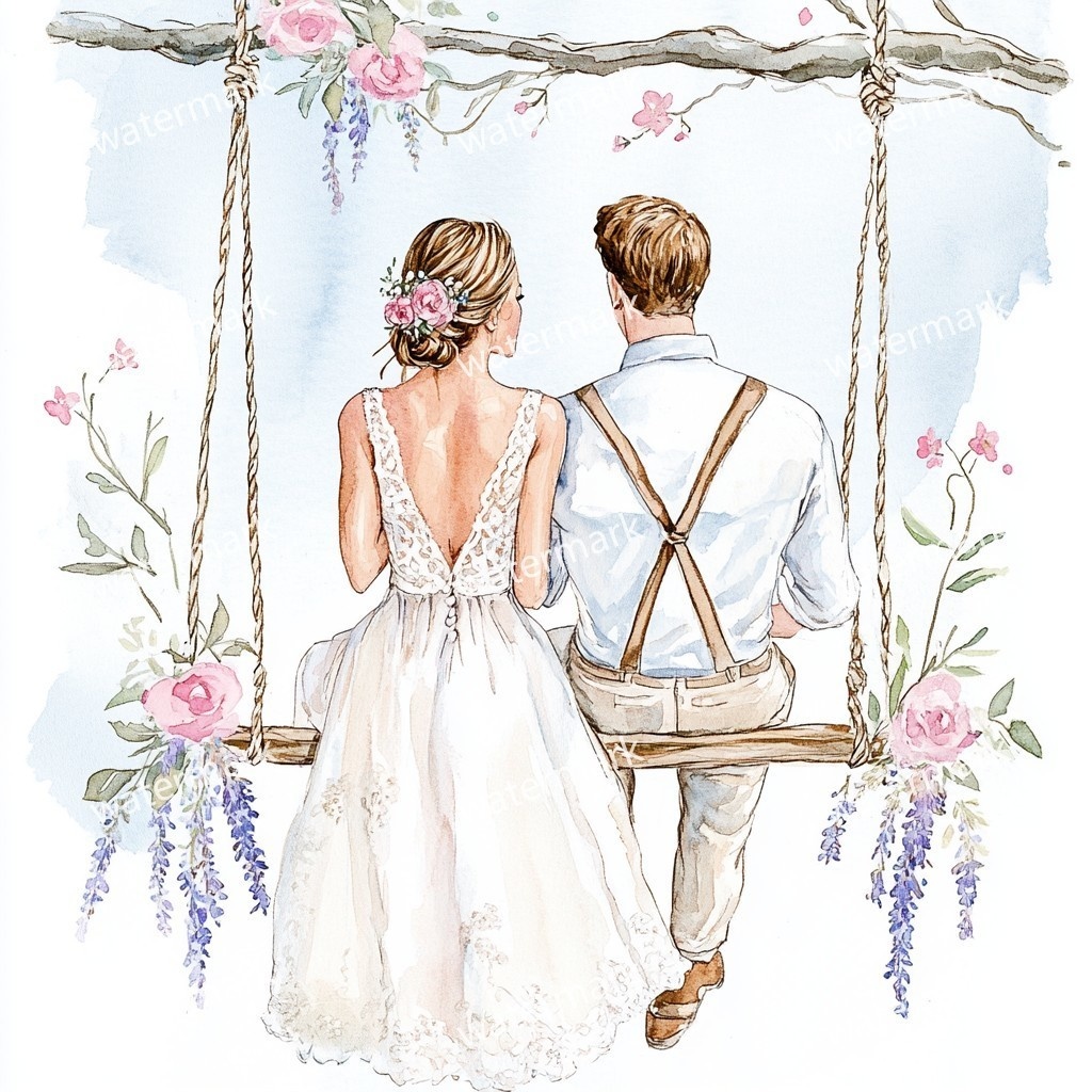 ブランコに乗る新郎新婦 イラスト素材 18点セット|水彩風|高画質JPG|デジタル素材