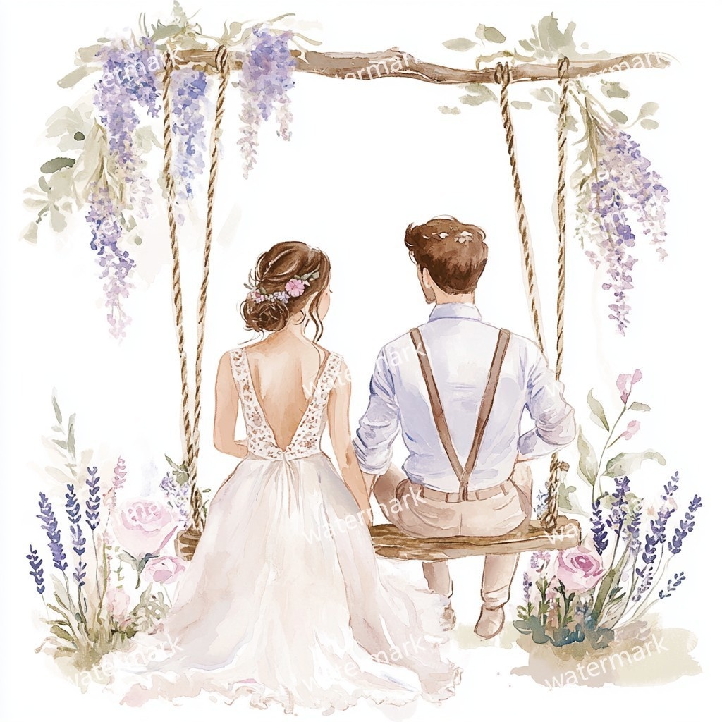 ブランコに乗る新郎新婦 イラスト素材 18点セット|水彩風|高画質JPG|デジタル素材