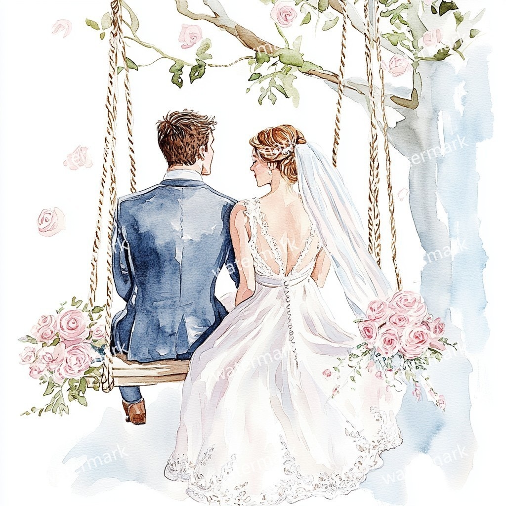 ブランコに乗る新郎新婦 イラスト素材 18点セット|水彩風|高画質JPG|デジタル素材
