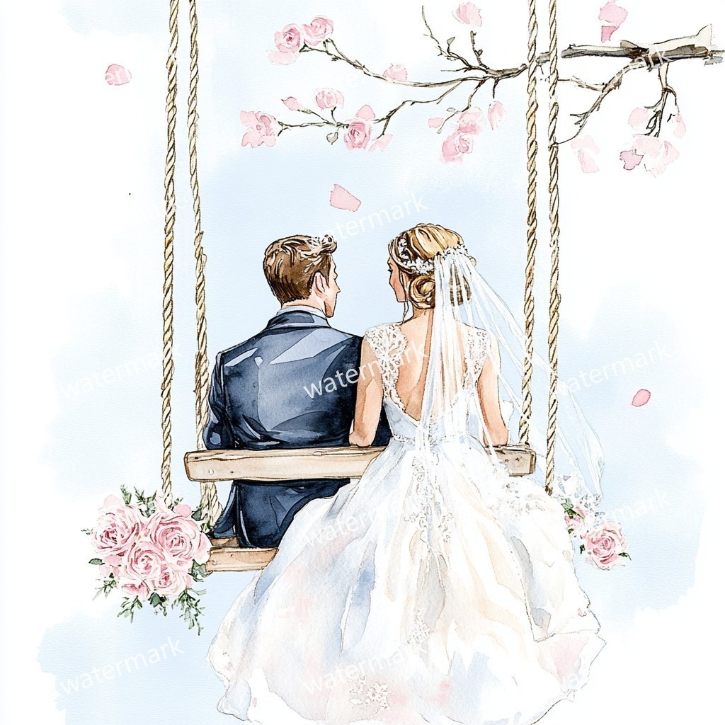 ブランコに乗る新郎新婦 イラスト素材 18点セット|水彩風|高画質JPG|デジタル素材