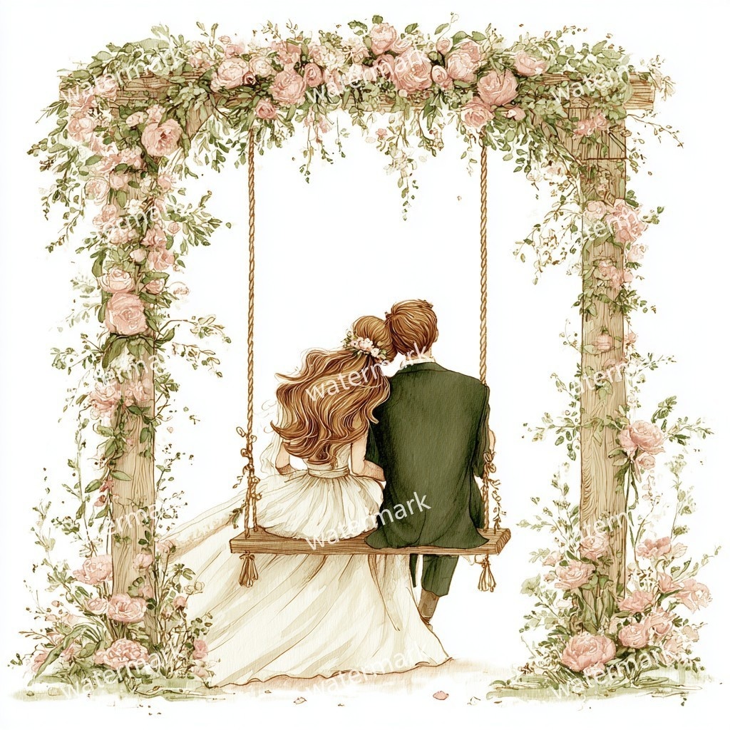 ブランコに乗る新郎新婦 イラスト素材 18点セット|水彩風|高画質JPG|デジタル素材