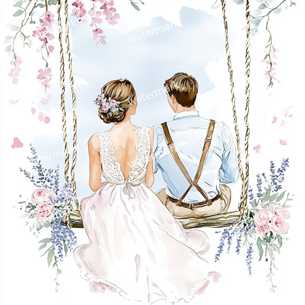 ブランコに乗る新郎新婦 イラスト素材 18点セット|水彩風|高画質JPG|デジタル素材
