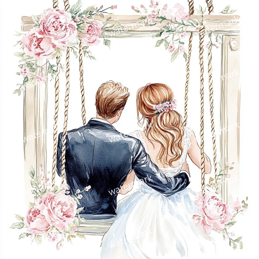 ブランコに乗る新郎新婦 イラスト素材 18点セット|水彩風|高画質JPG|デジタル素材
