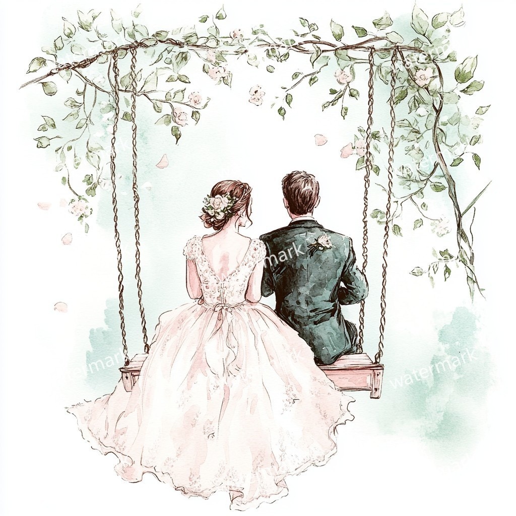 ブランコに乗る新郎新婦 イラスト素材 18点セット｜水彩風｜高画質JPG｜デジタル素材