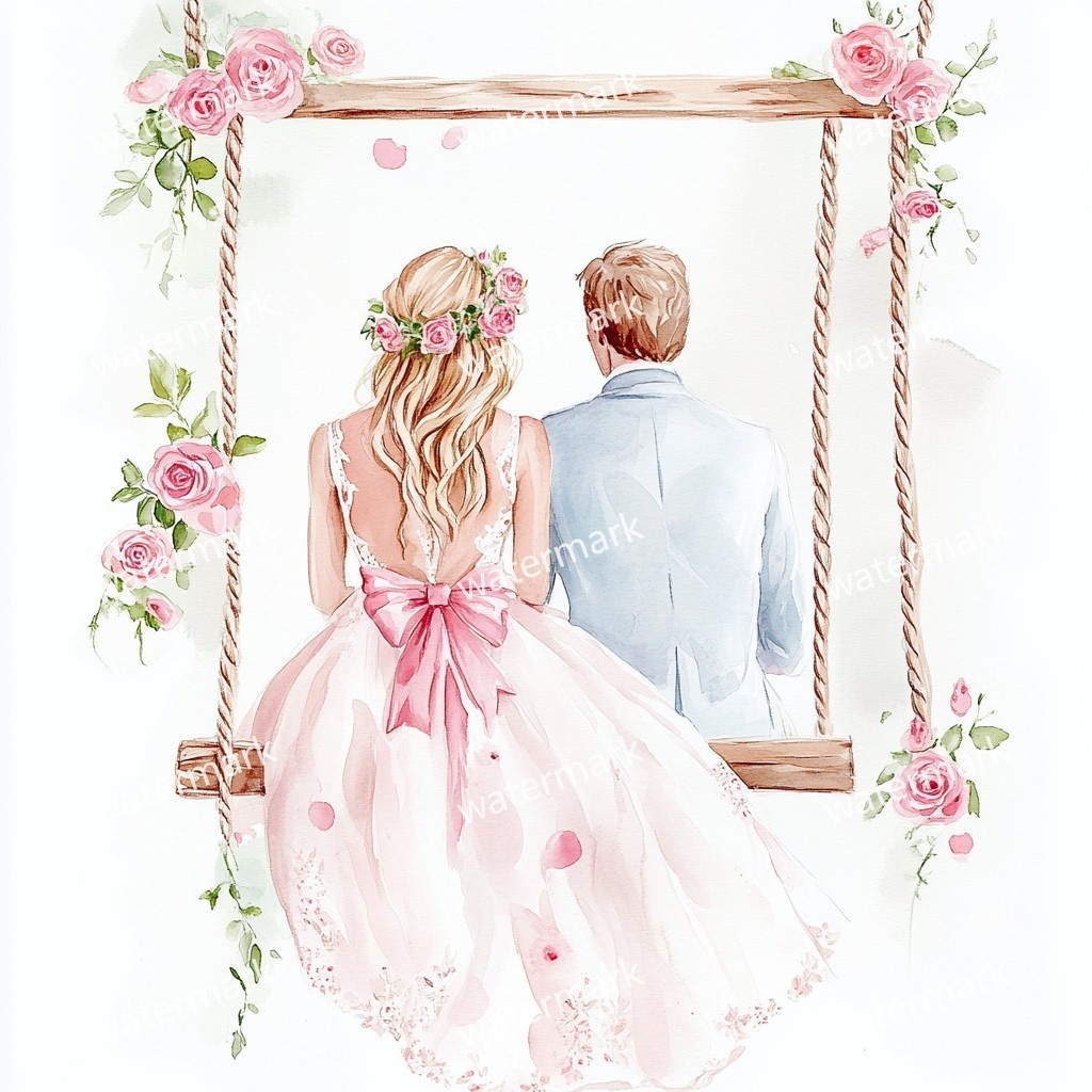 ブランコに乗る新郎新婦 イラスト素材 18点セット|水彩風|高画質JPG|デジタル素材