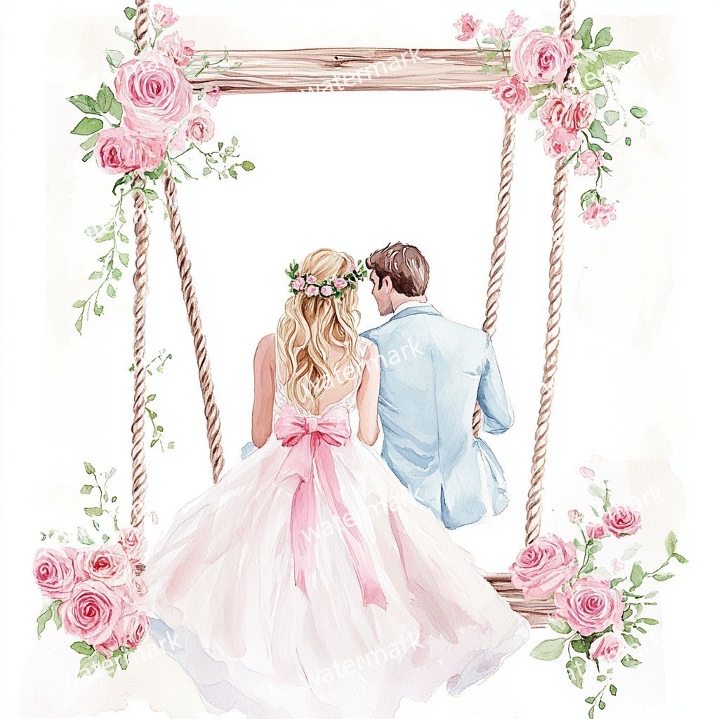 ブランコに乗る新郎新婦 イラスト素材 18点セット|水彩風|高画質JPG|デジタル素材