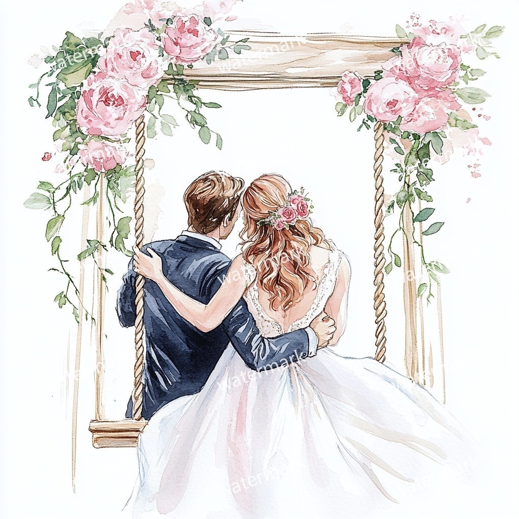 ブランコに乗る新郎新婦 イラスト素材 18点セット|水彩風|高画質JPG|デジタル素材