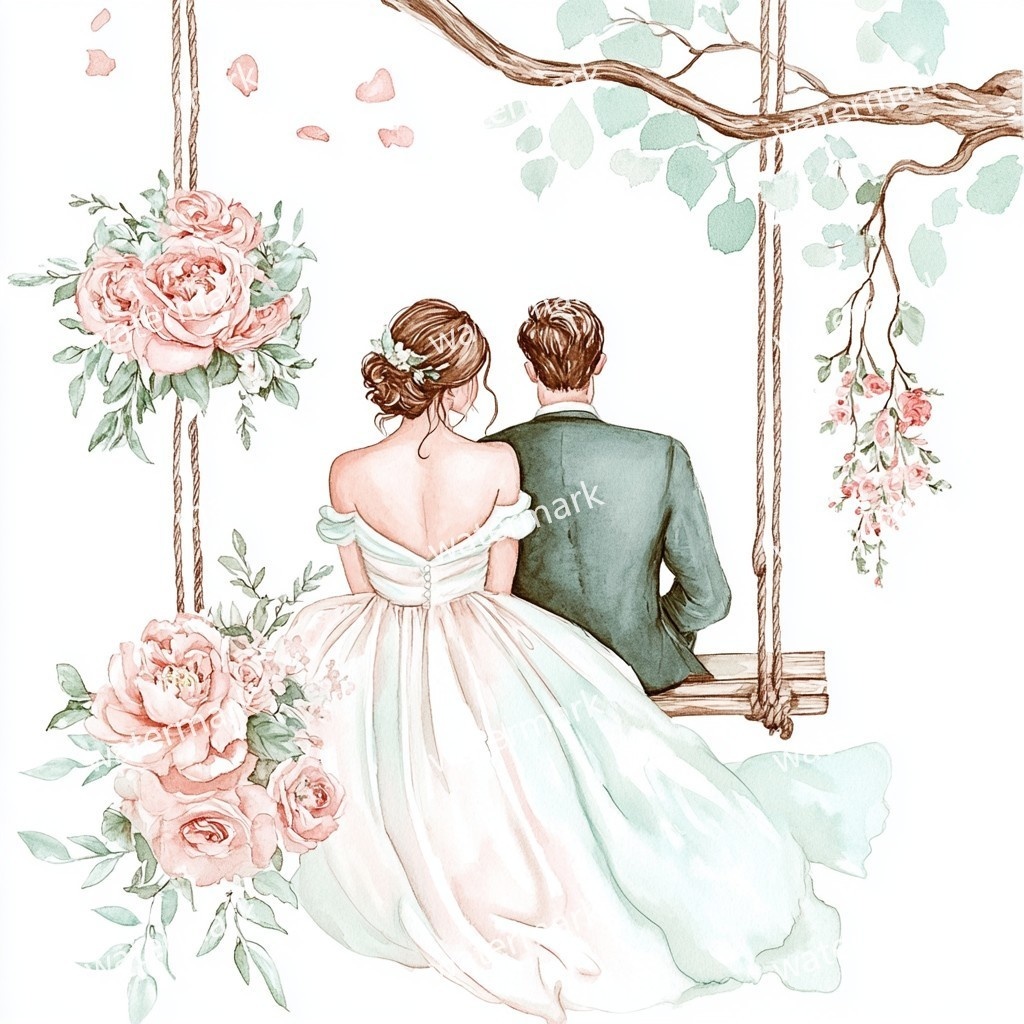 ブランコに乗る新郎新婦 イラスト素材 18点セット|水彩風|高画質JPG|デジタル素材