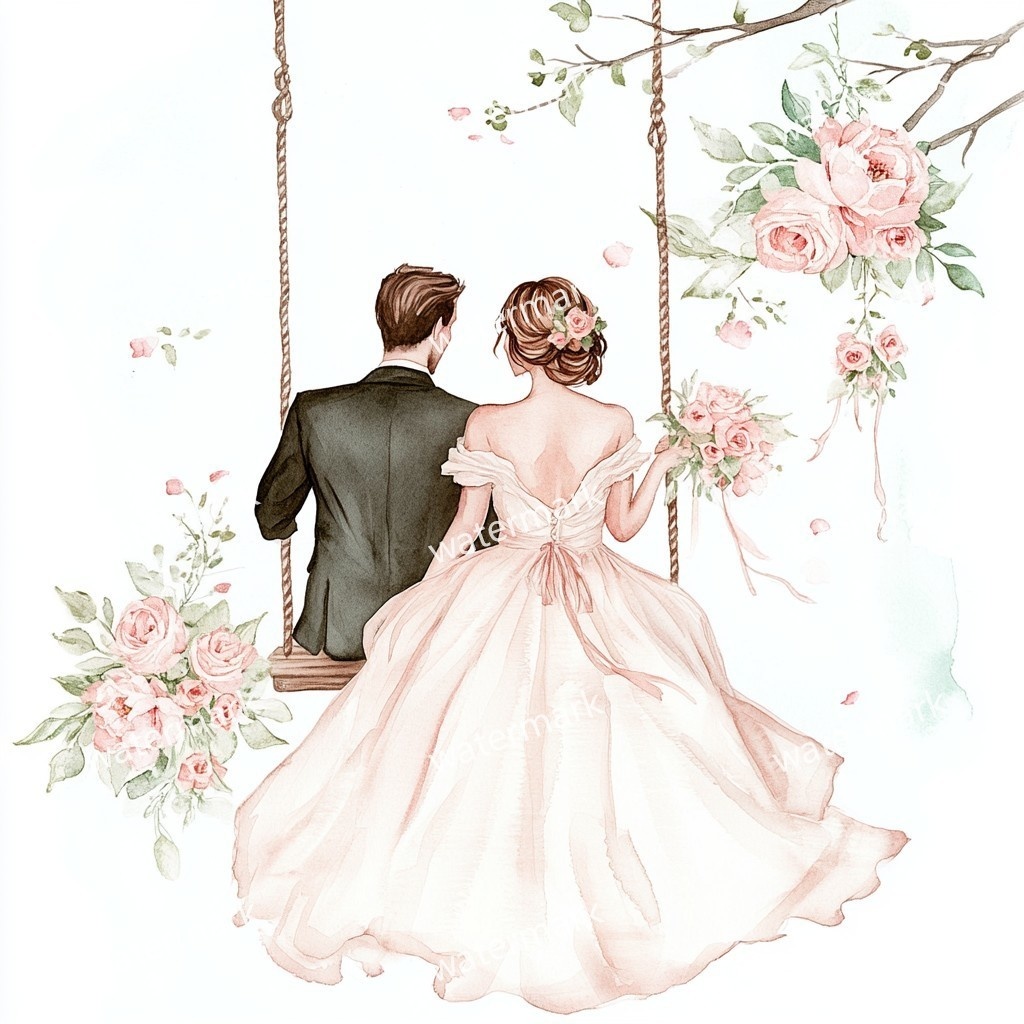 ブランコに乗る新郎新婦 イラスト素材 18点セット|水彩風|高画質JPG|デジタル素材