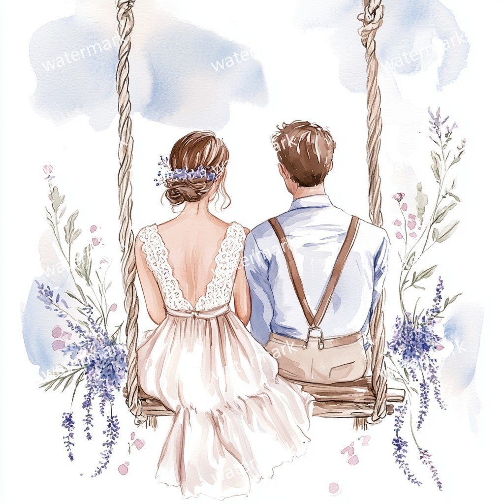 ブランコに乗る新郎新婦 イラスト素材 18点セット|水彩風|高画質JPG|デジタル素材