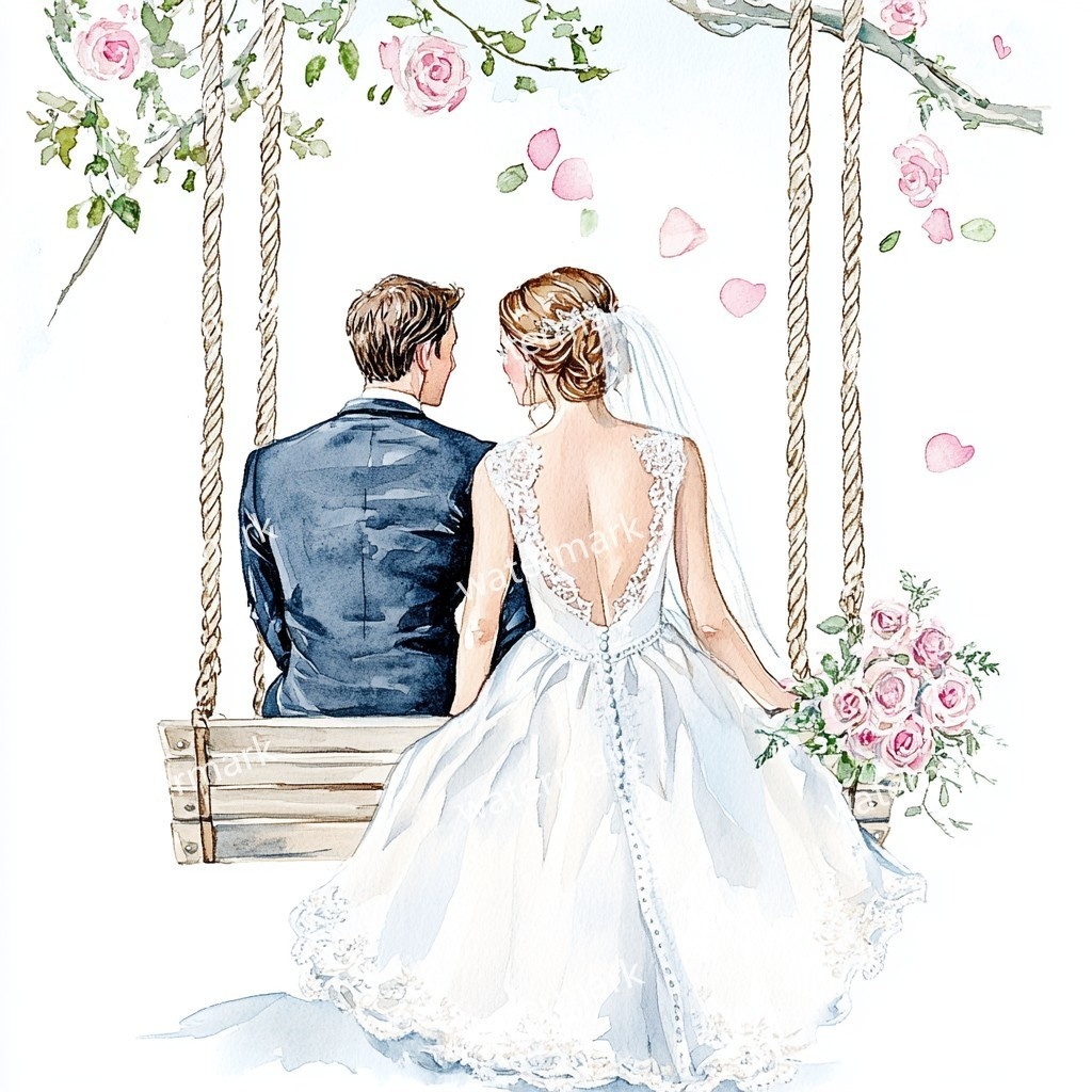 ブランコに乗る新郎新婦 イラスト素材 18点セット|水彩風|高画質JPG|デジタル素材