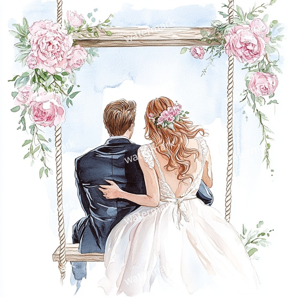 ブランコに乗る新郎新婦 イラスト素材 18点セット|水彩風|高画質JPG|デジタル素材