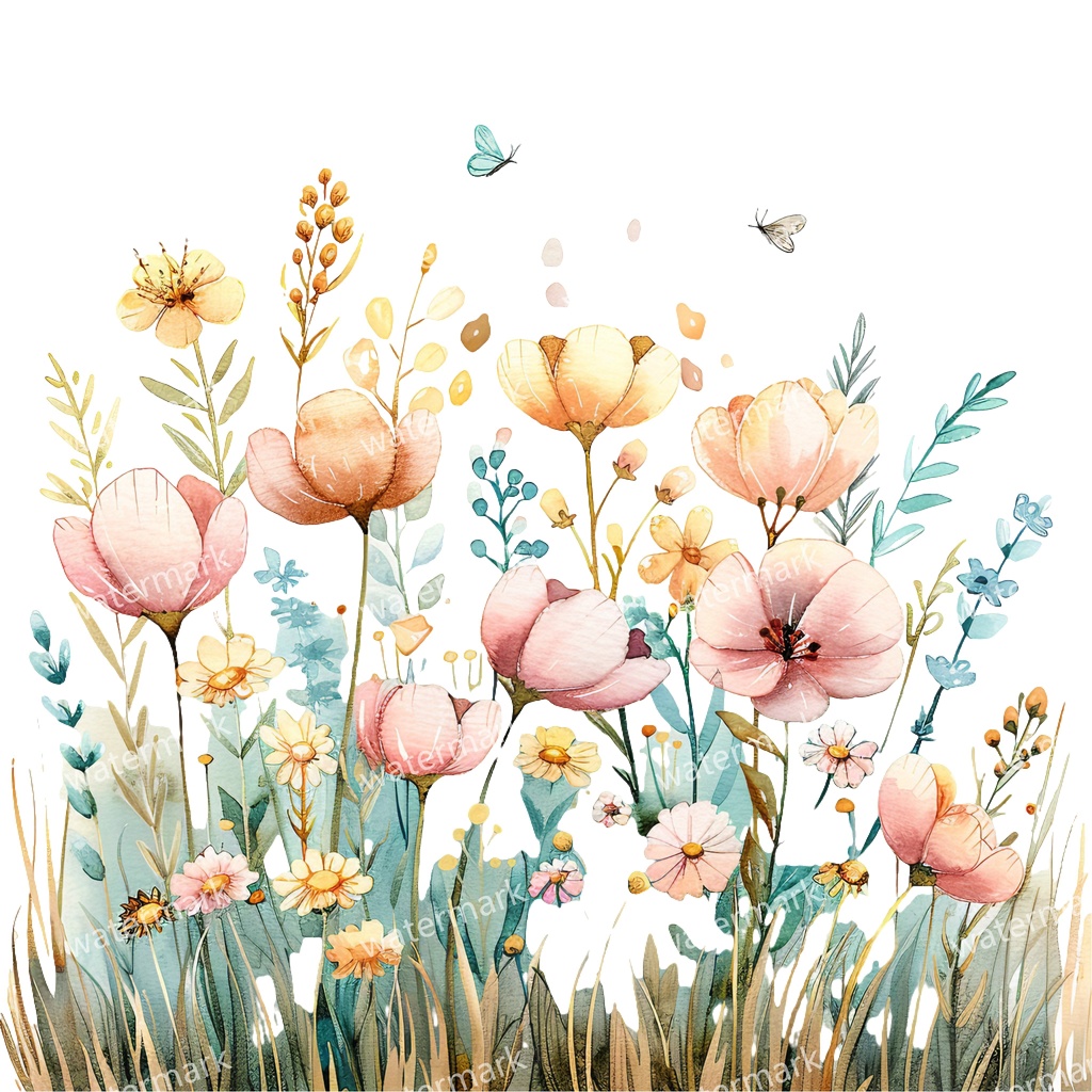 野原の花 イラスト素材 18点セット|水彩風|高画質PNG|デジタル素材