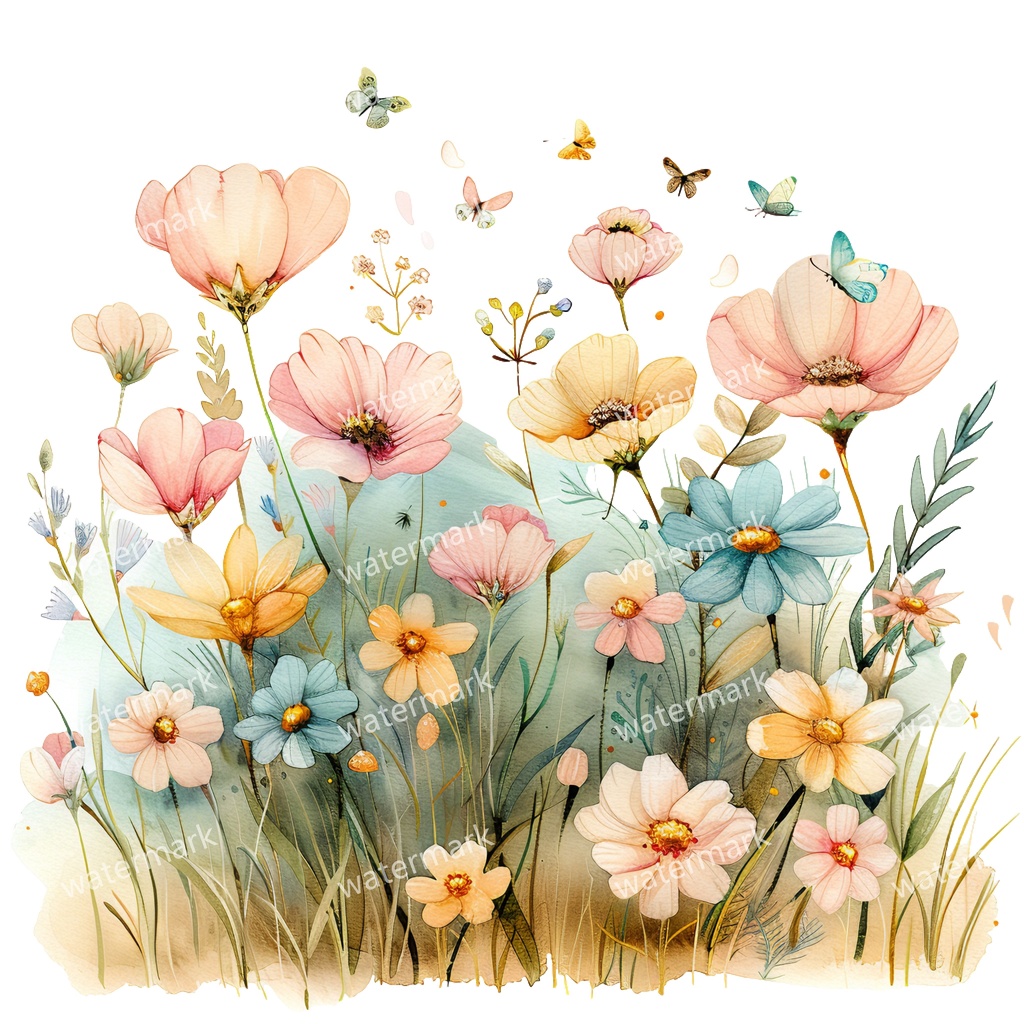 野原の花 イラスト素材 18点セット|水彩風|高画質PNG|デジタル素材