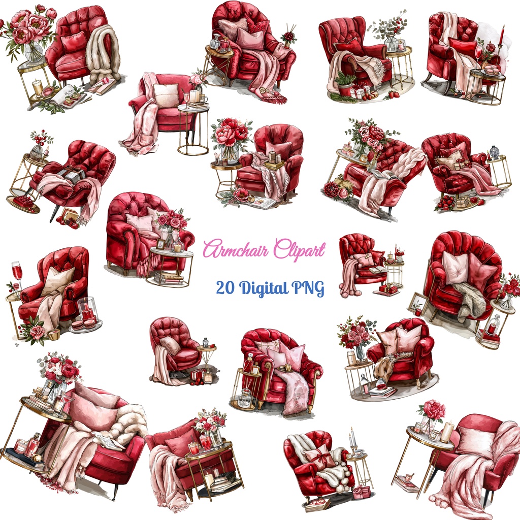 アームチェアのイラスト素材 20点セット｜水彩風｜高画質PNG｜デジタル素材