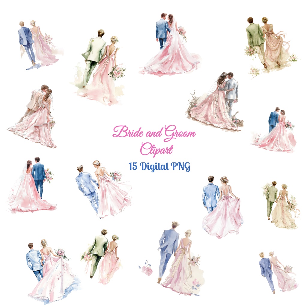 花嫁＆花婿 ウェディングクリップアート15点セット｜高解像度・透過PNG｜結婚式ペーパーアイテム・コラージュ素材・即ダウンロード