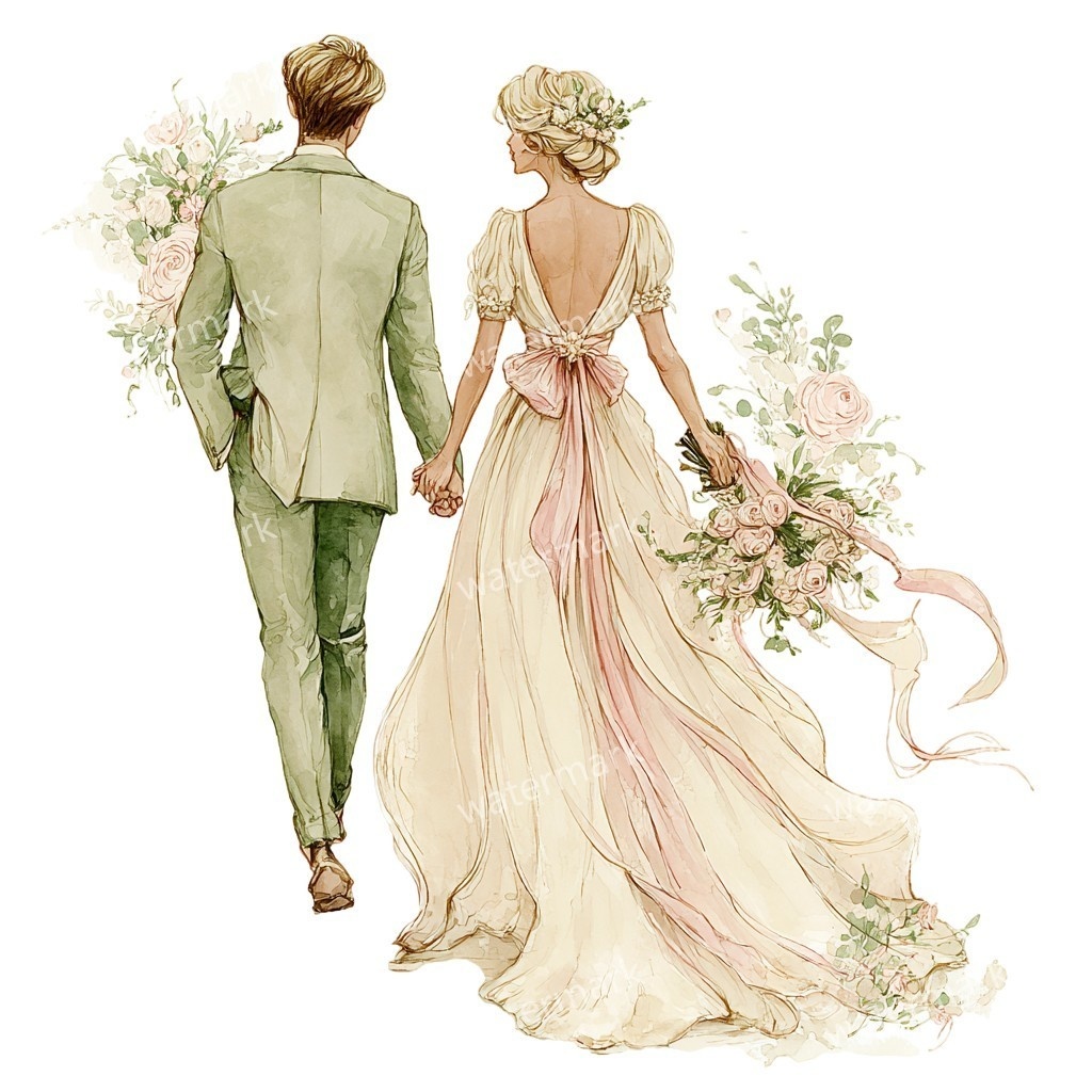 花嫁&花婿 ウェディングクリップアート15点セット|高解像度・透過PNG|結婚式ペーパーアイテム・コラージュ素材・即ダウンロード
