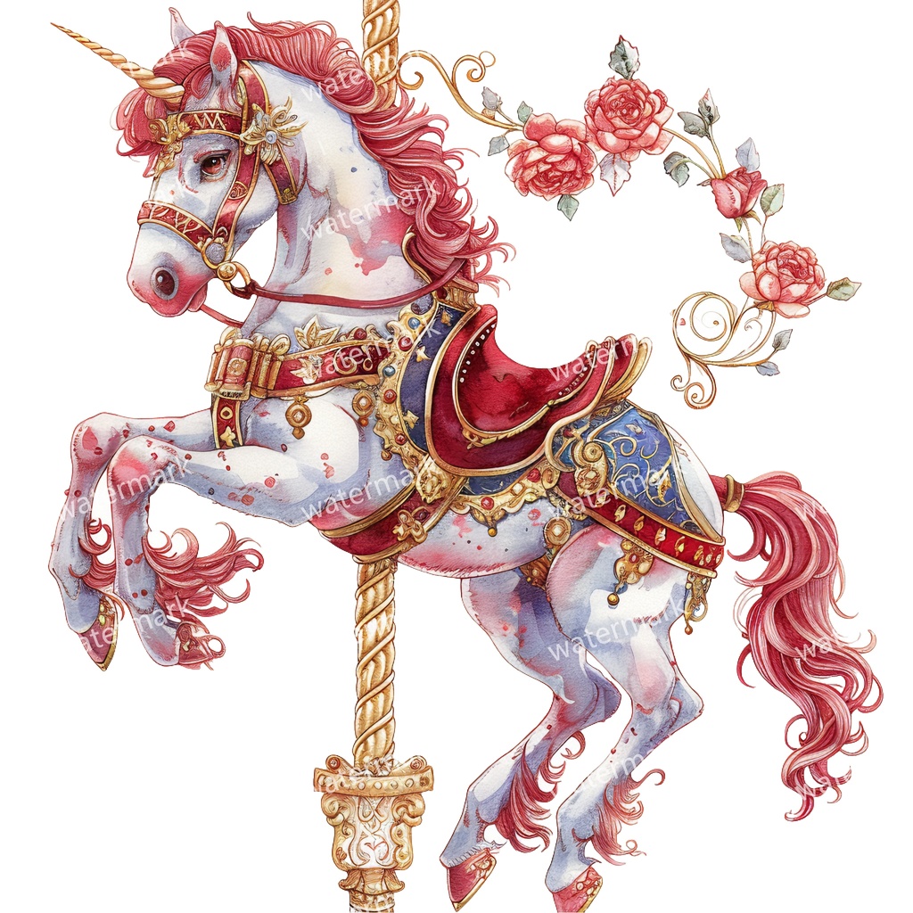 メリーゴーランドの木馬 クリップアート18点セット|高解像度・透過PNG|水彩イラスト素材・印刷OK・即ダウンロード