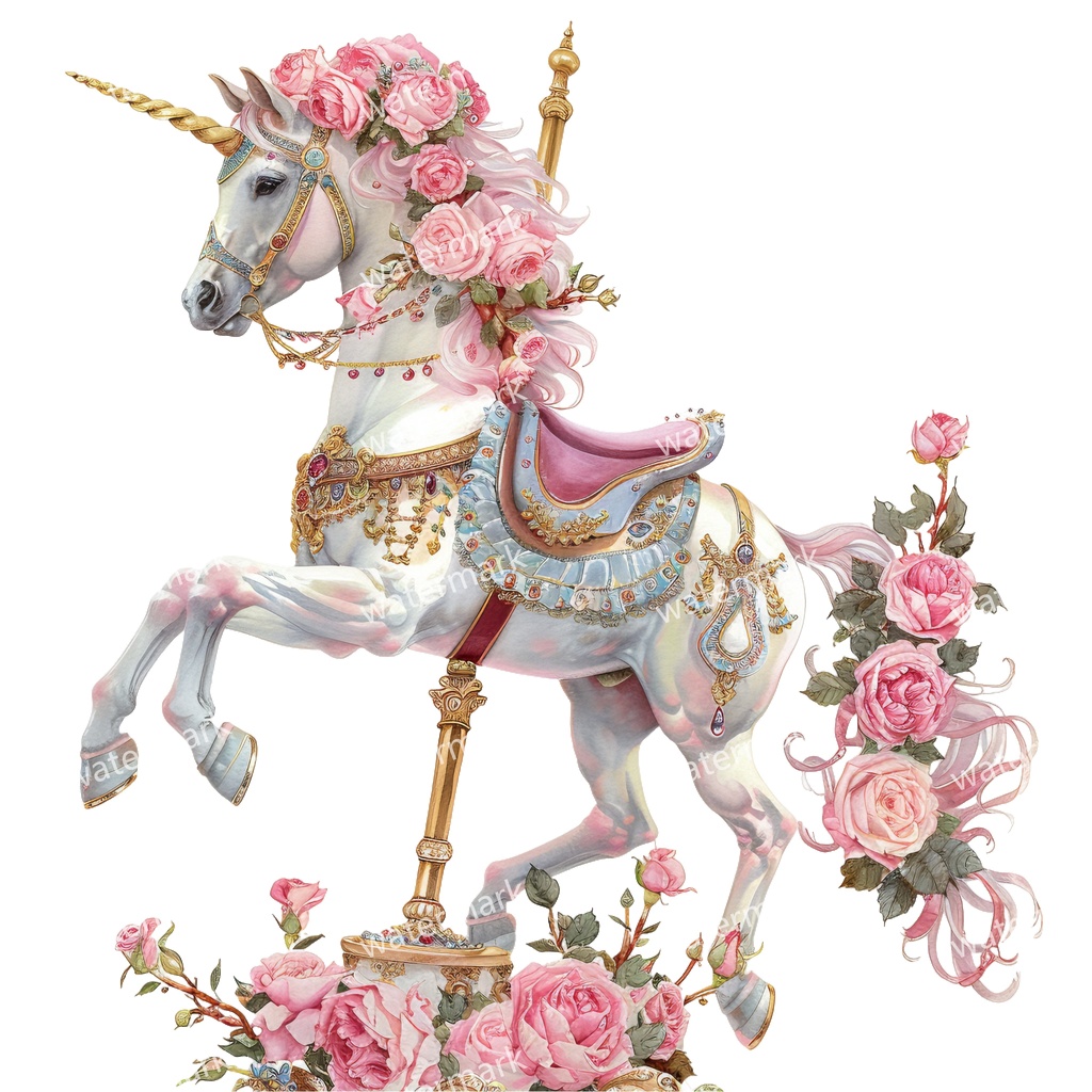 メリーゴーランドの木馬 クリップアート18点セット|高解像度・透過PNG|水彩イラスト素材・印刷OK・即ダウンロード