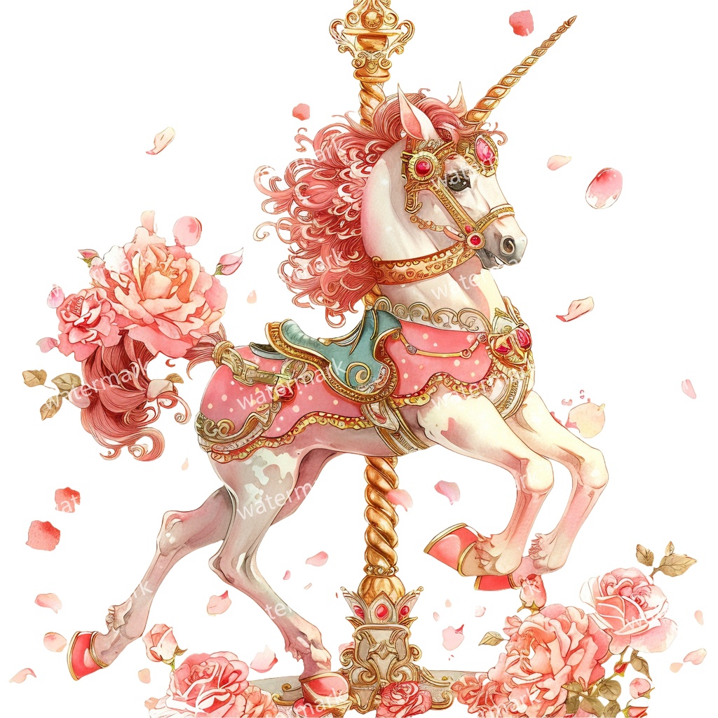 メリーゴーランドの木馬 クリップアート18点セット|高解像度・透過PNG|水彩イラスト素材・印刷OK・即ダウンロード