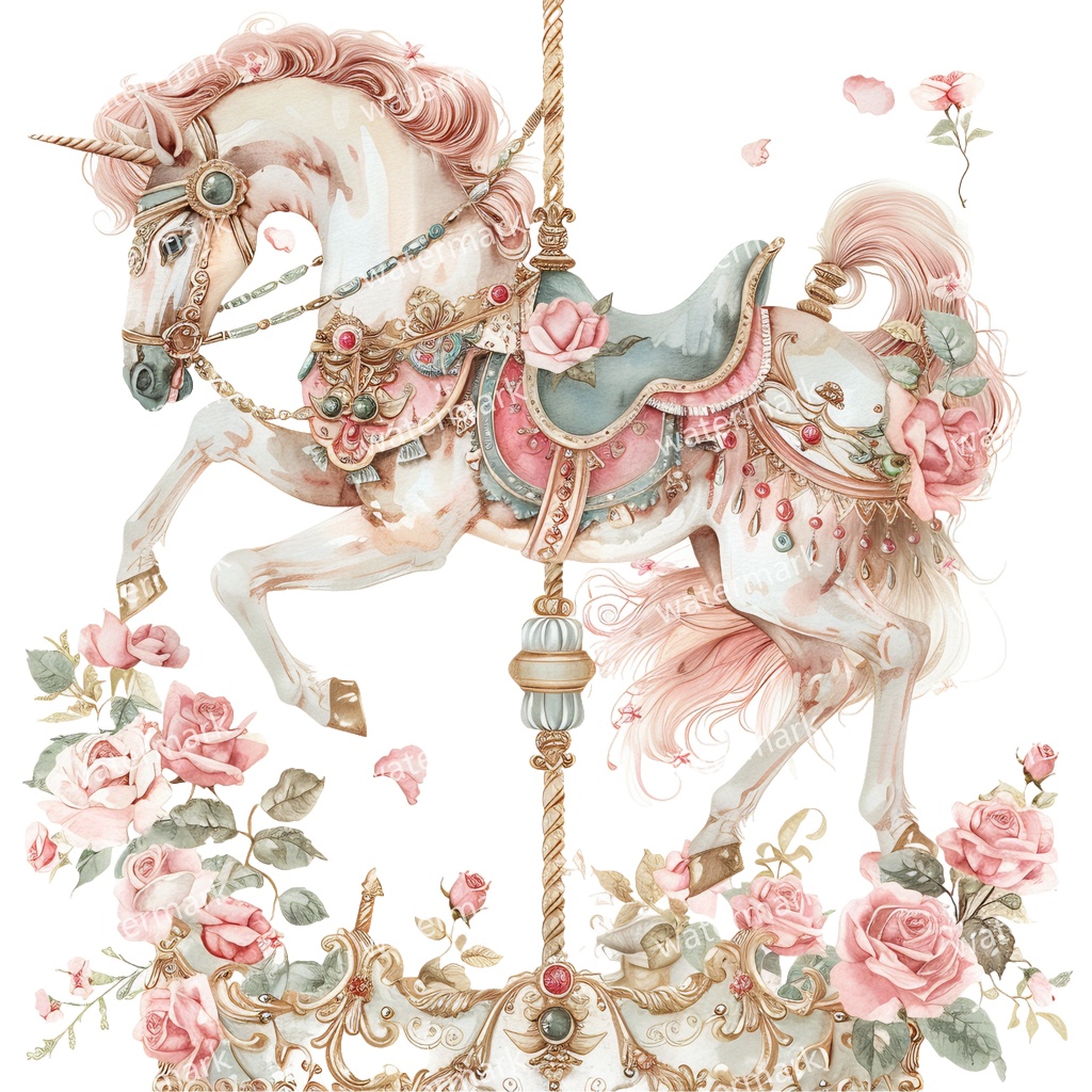 メリーゴーランドの木馬 クリップアート18点セット|高解像度・透過PNG|水彩イラスト素材・印刷OK・即ダウンロード