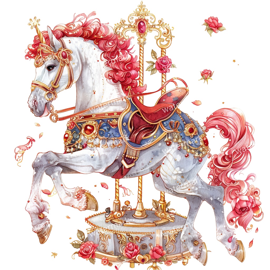 メリーゴーランドの木馬 クリップアート18点セット|高解像度・透過PNG|水彩イラスト素材・印刷OK・即ダウンロード