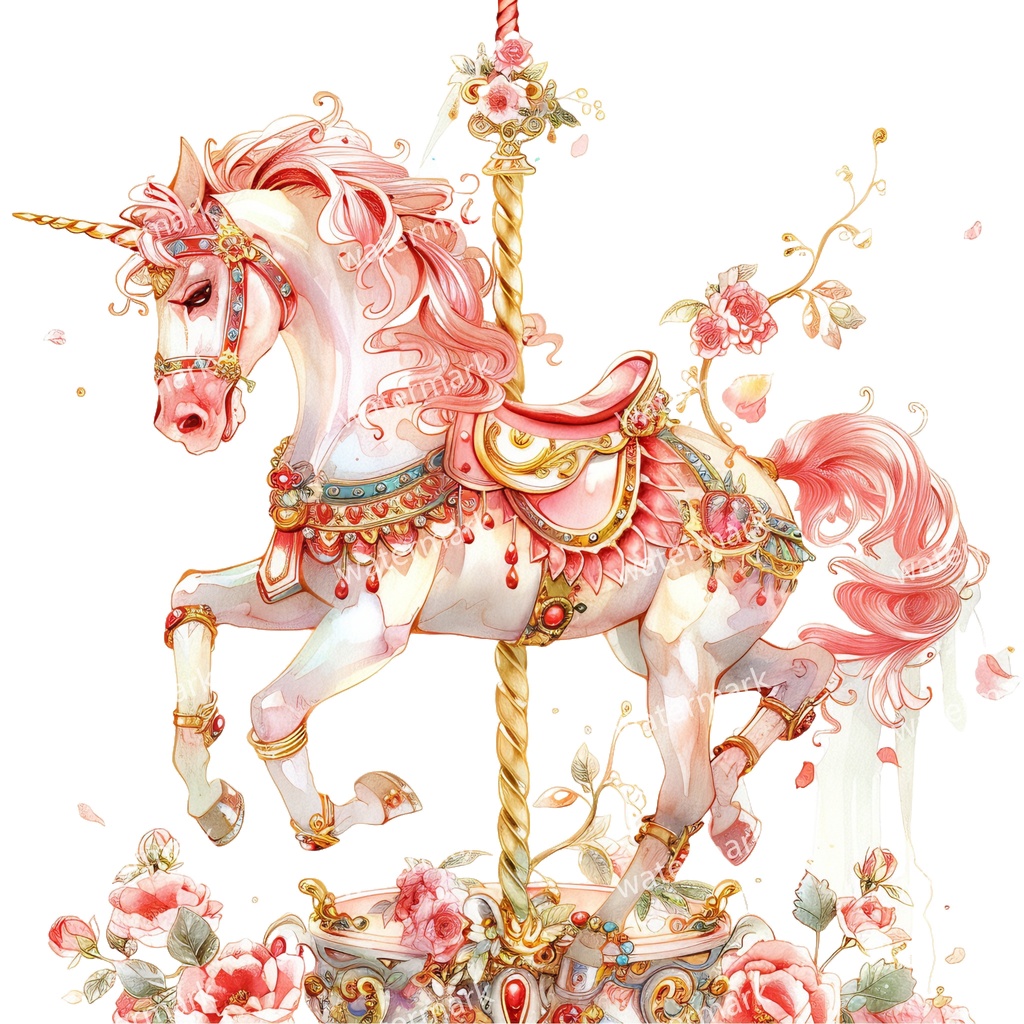メリーゴーランドの木馬 クリップアート18点セット|高解像度・透過PNG|水彩イラスト素材・印刷OK・即ダウンロード